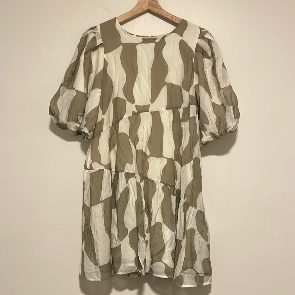 Moon River Cream and Sage Puff Sleeve Mini Sundress
